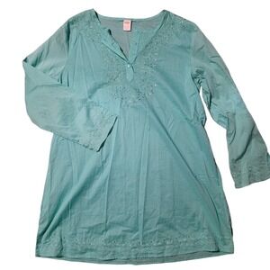 TROPICAL ESCAPE Long Blouse Sz Large Aqua Green Embroidered Dress Top Cover Up